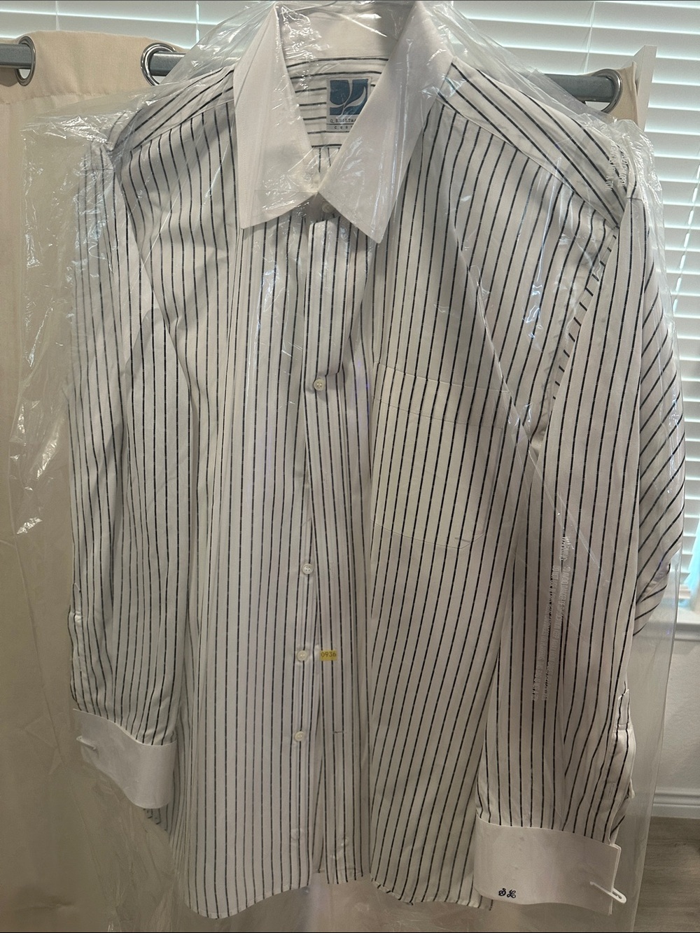 Men's Custom White Pinstripe Dress Shirt with Contrast White Collar and Cuffs
